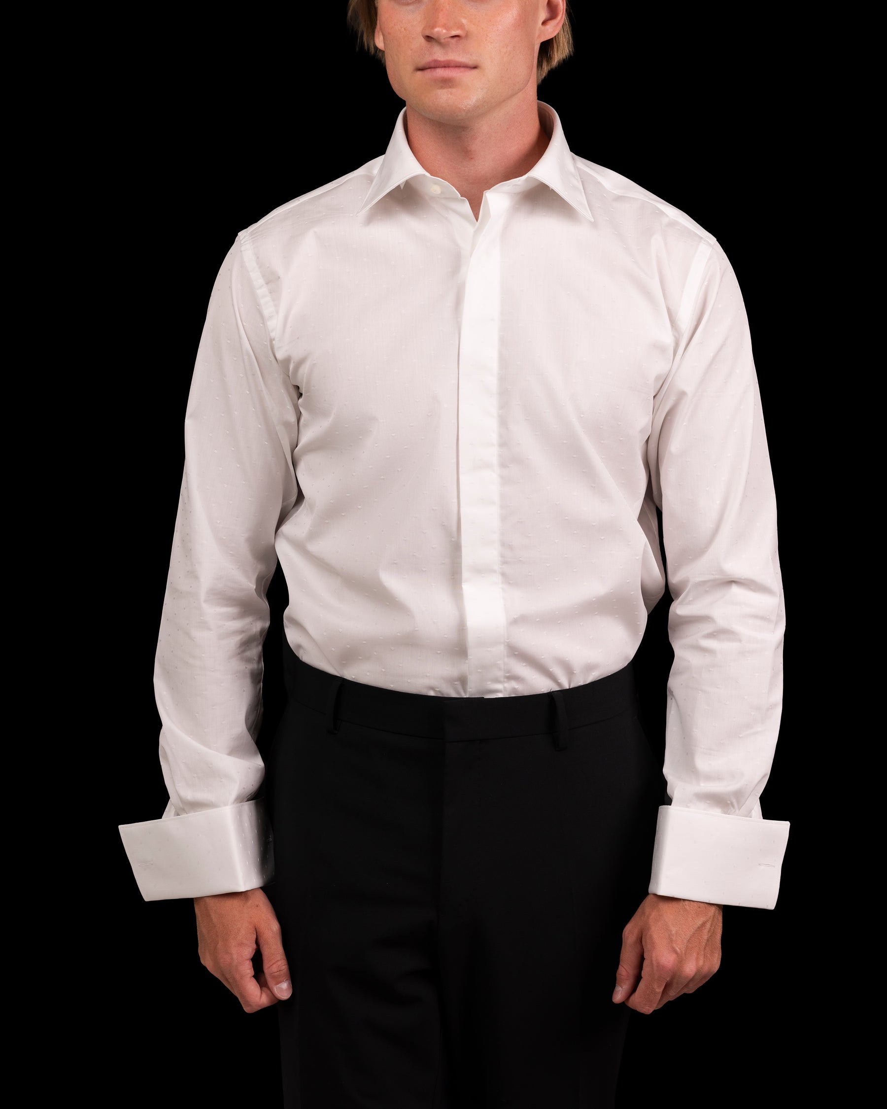 White Polka Dot Jacquard Fly Front Poplin Shirt