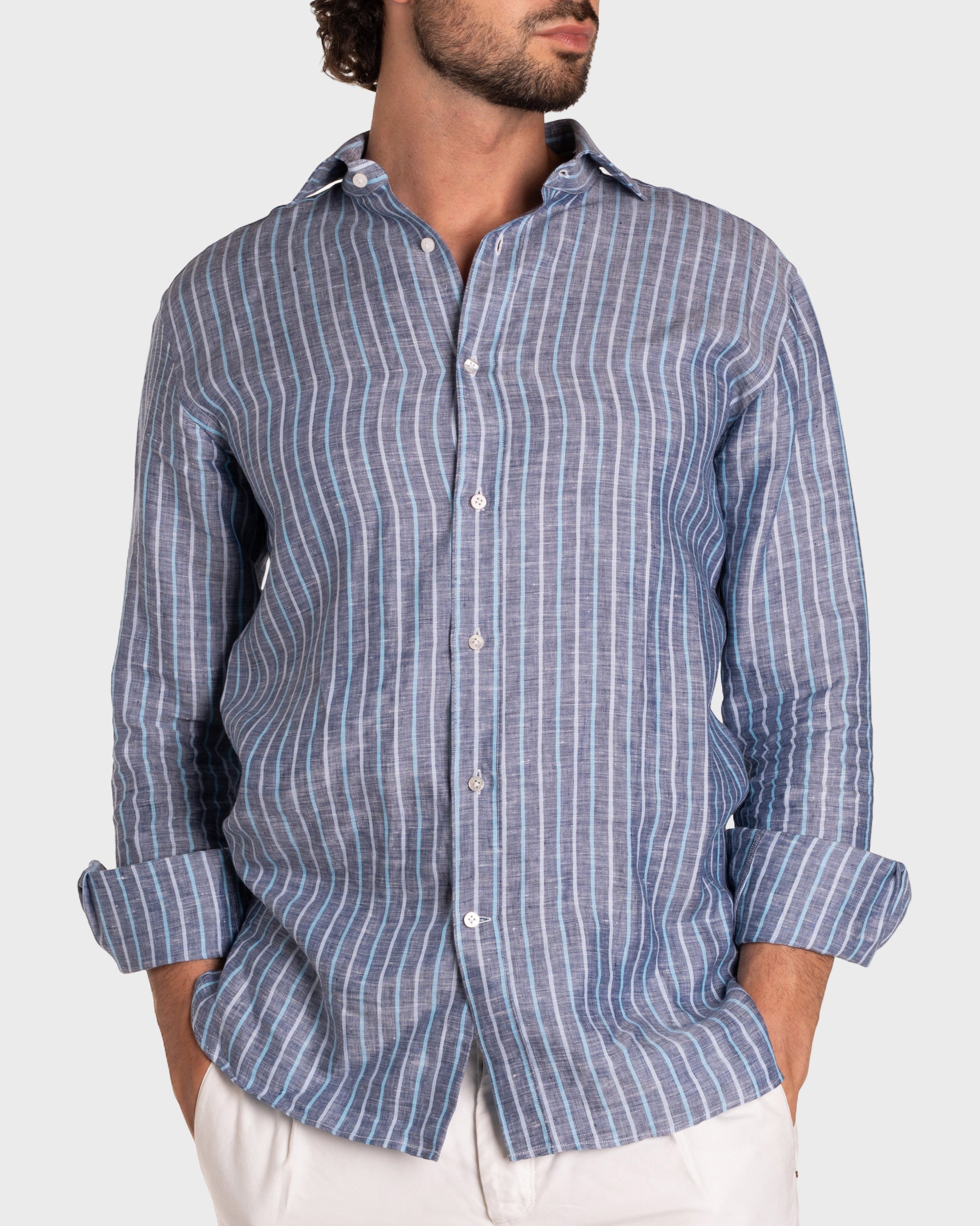 Camicia Di Lino A Righe Blu