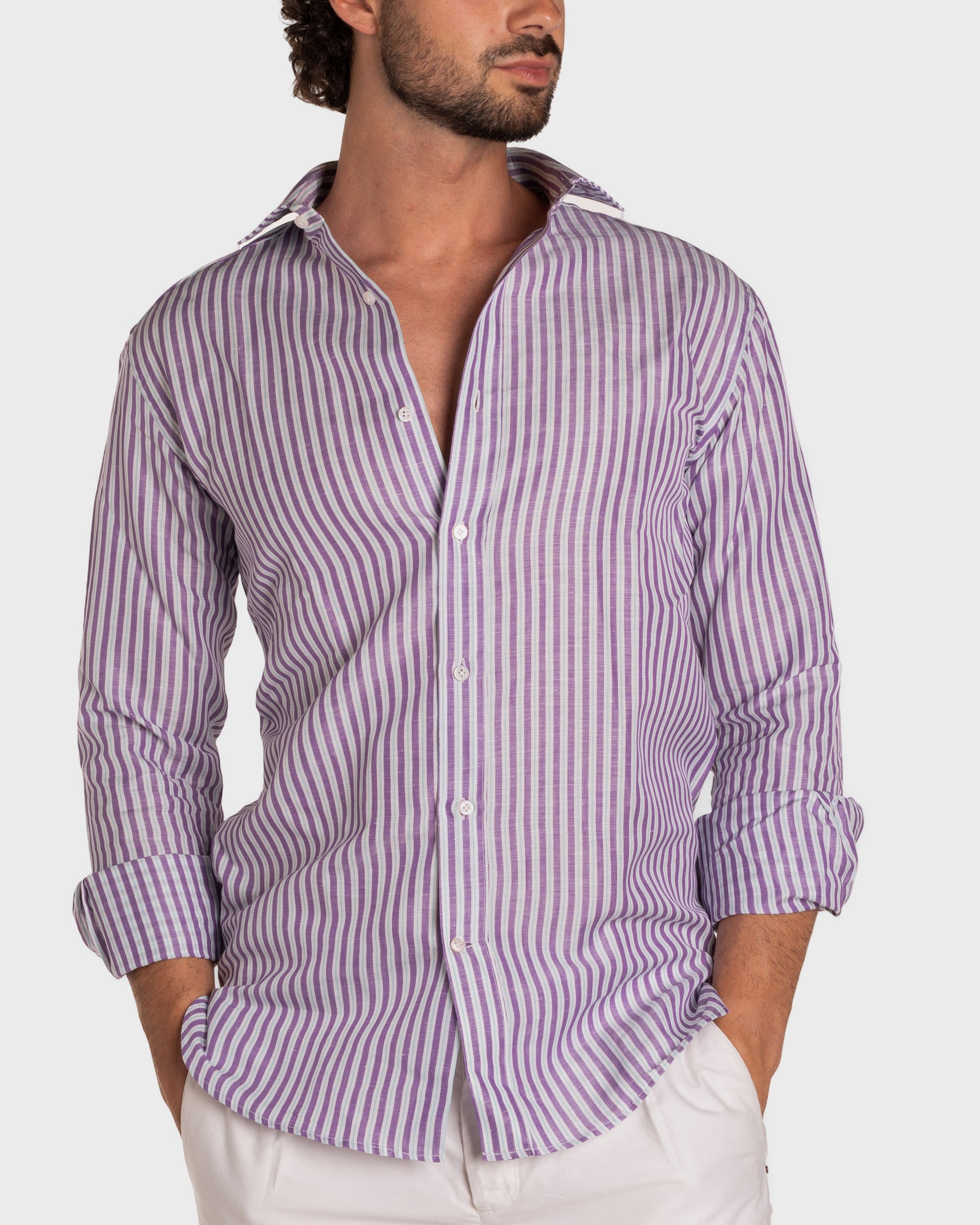 Camicia Di Lino A Righe Bianca Viola
