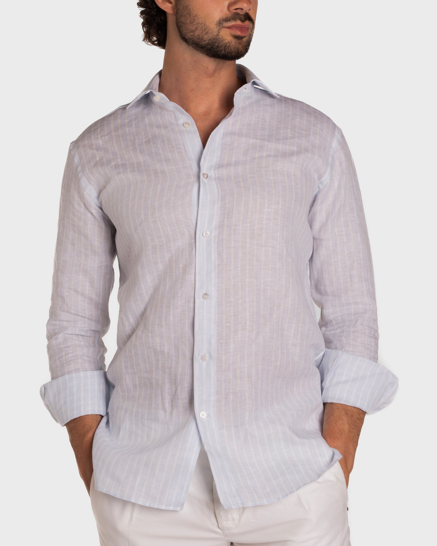Camicia Lino a Righe Azzurro Vivace