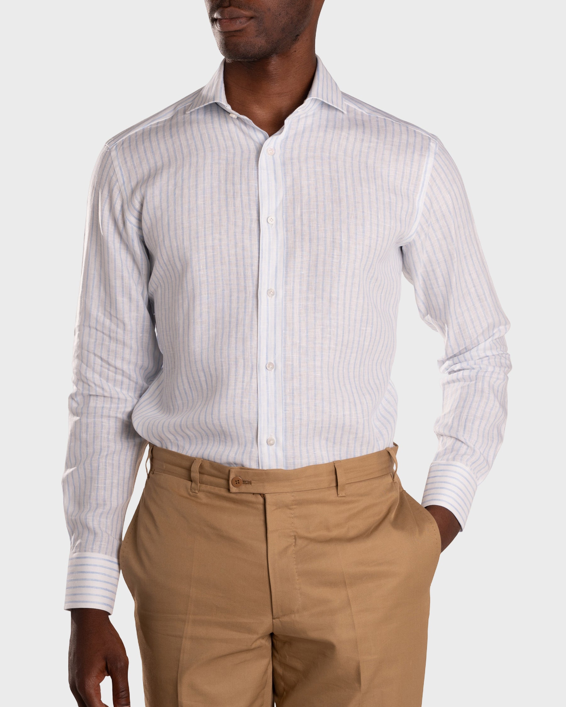 Camicia Di Lino A Righe Bianca Azzurro