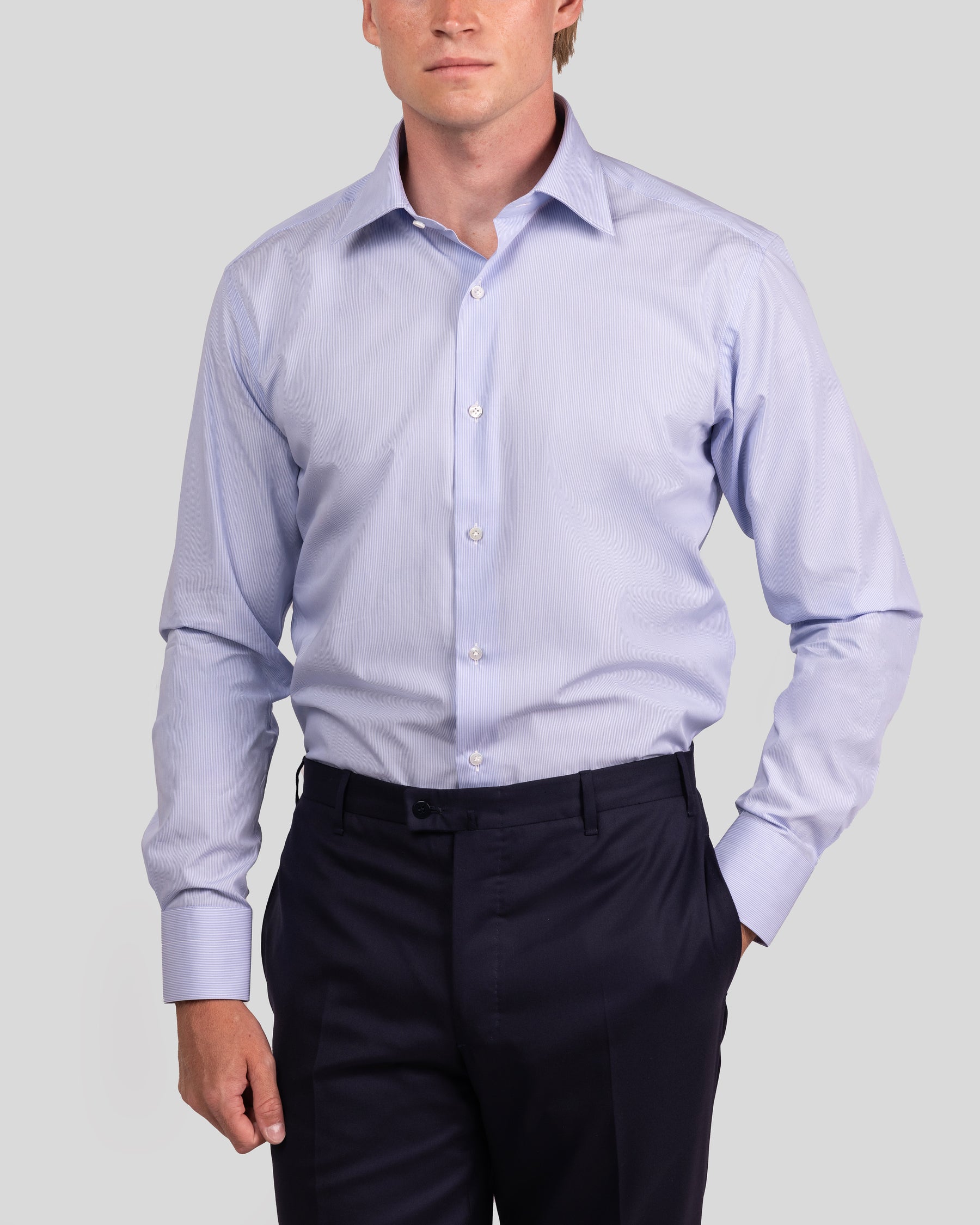 Camicia A Righe Celeste Popeline