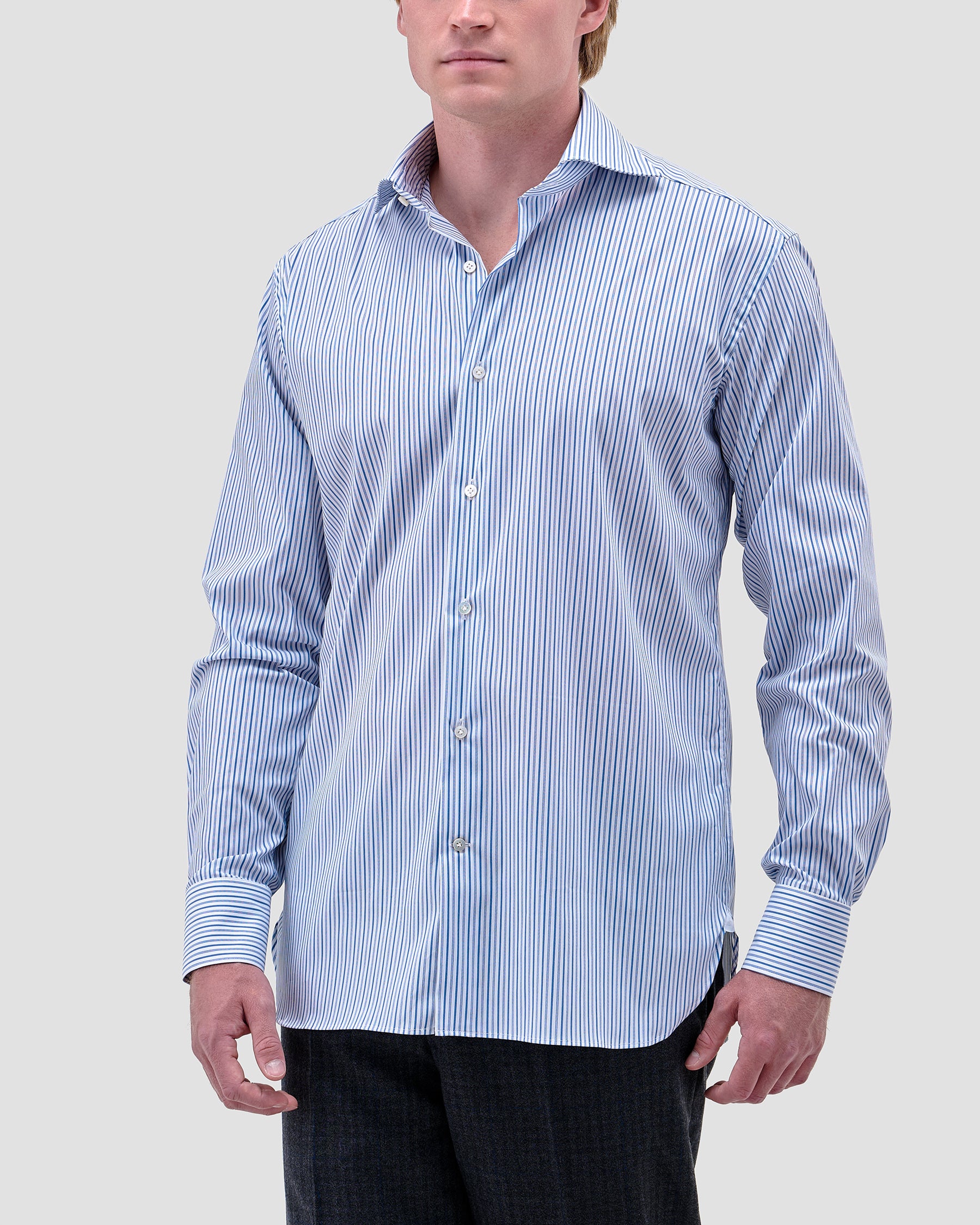 Camicia A Righe Signature Popeline Celeste