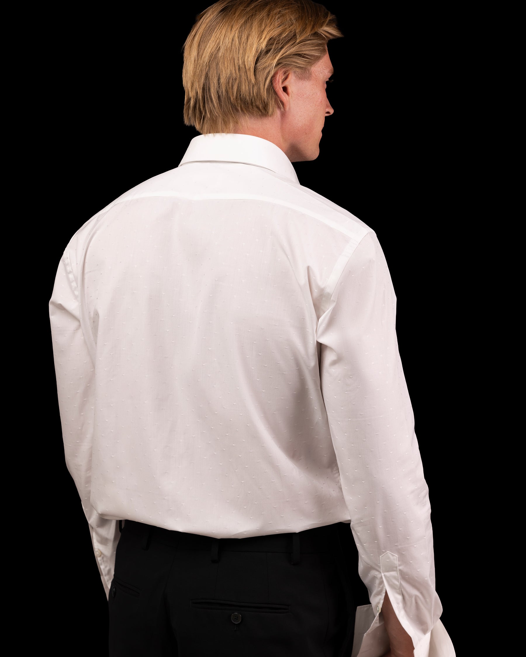 White Polka Dot Jacquard Fly Front Poplin Shirt