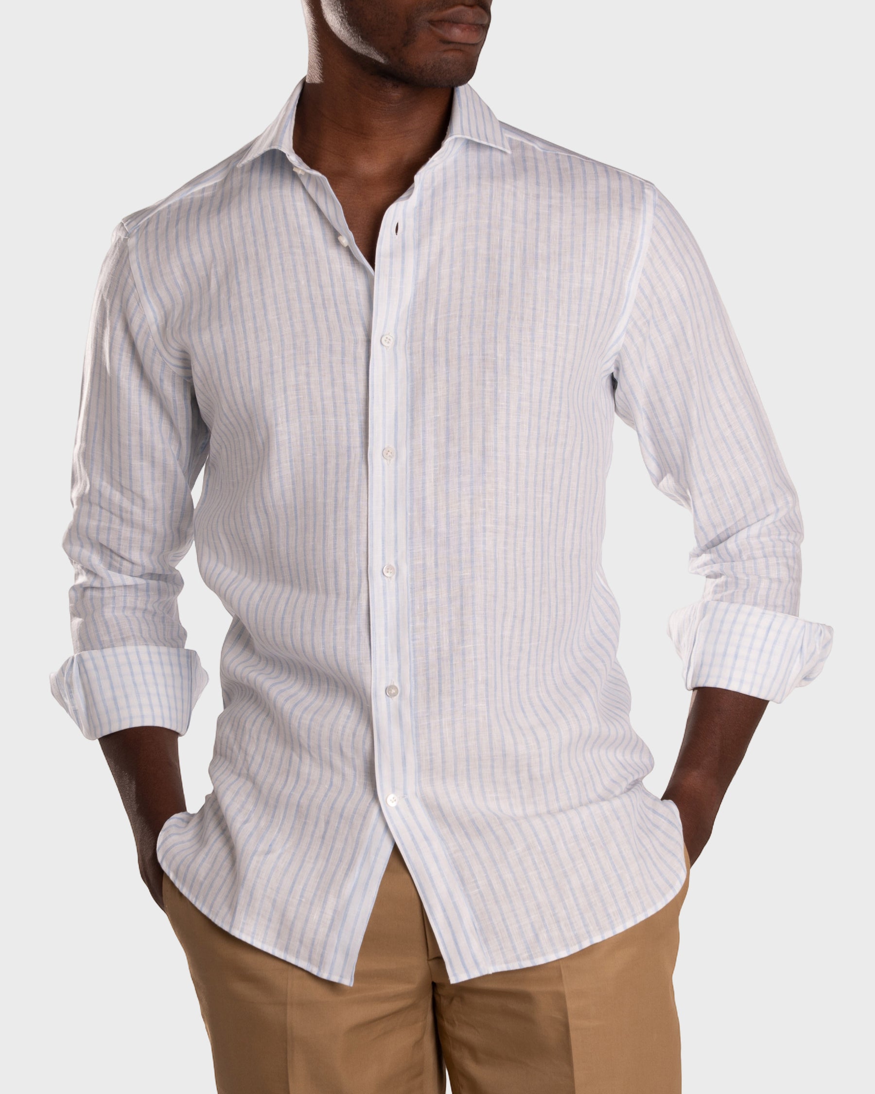 Camicia Di Lino A Righe Bianca Azzurro