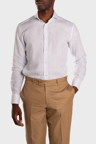 Camicia Di Lino A Righe Bianca Azzurro