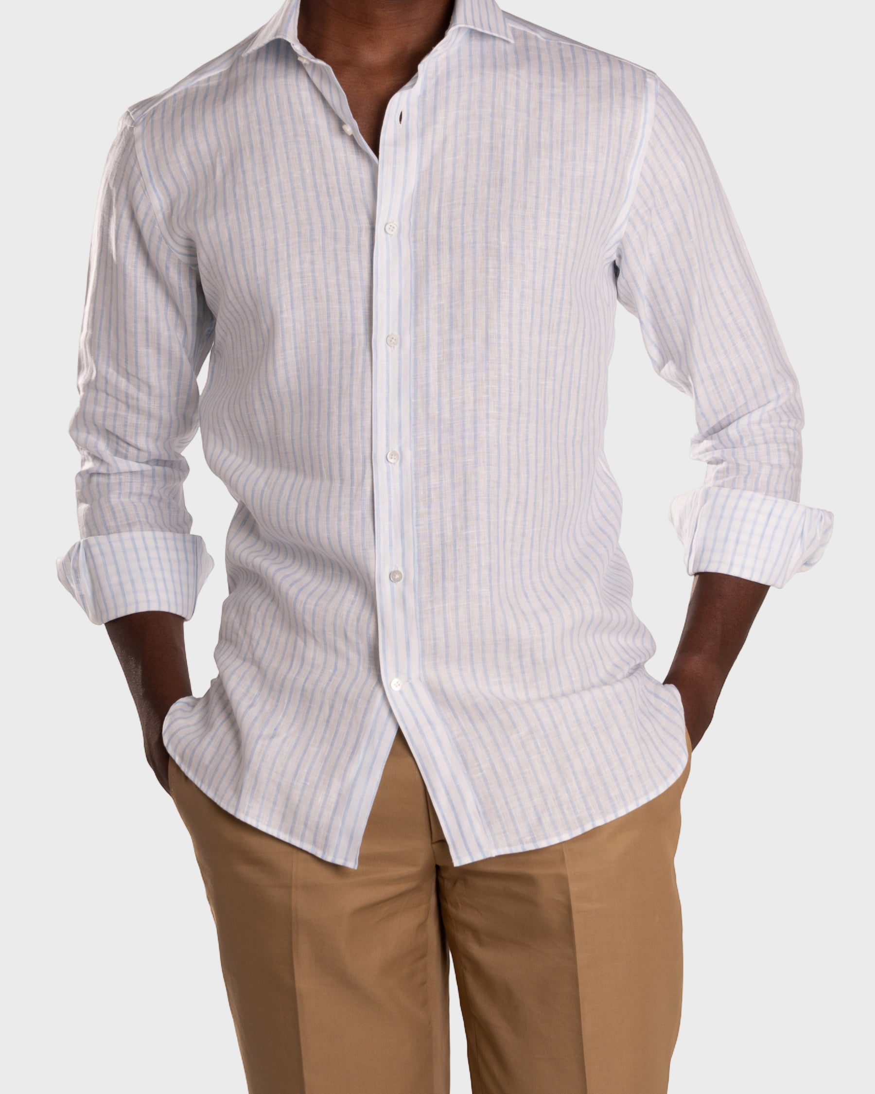 Camicia Di Lino A Righe Bianca Azzurro
