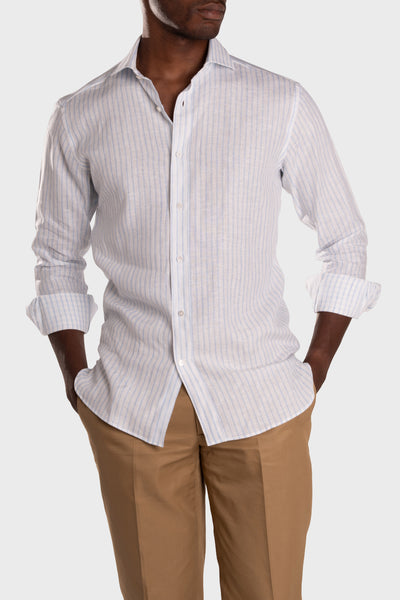 Camicia Di Lino A Righe Bianca Azzurro