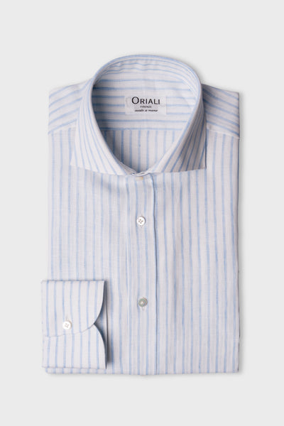Camicia Di Lino A Righe Bianca Azzurro