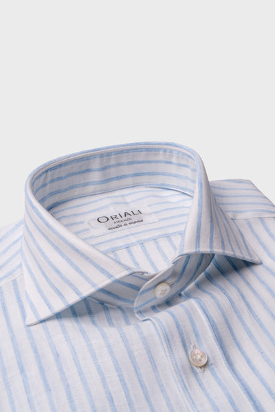 Camicia Di Lino A Righe Bianca Azzurro
