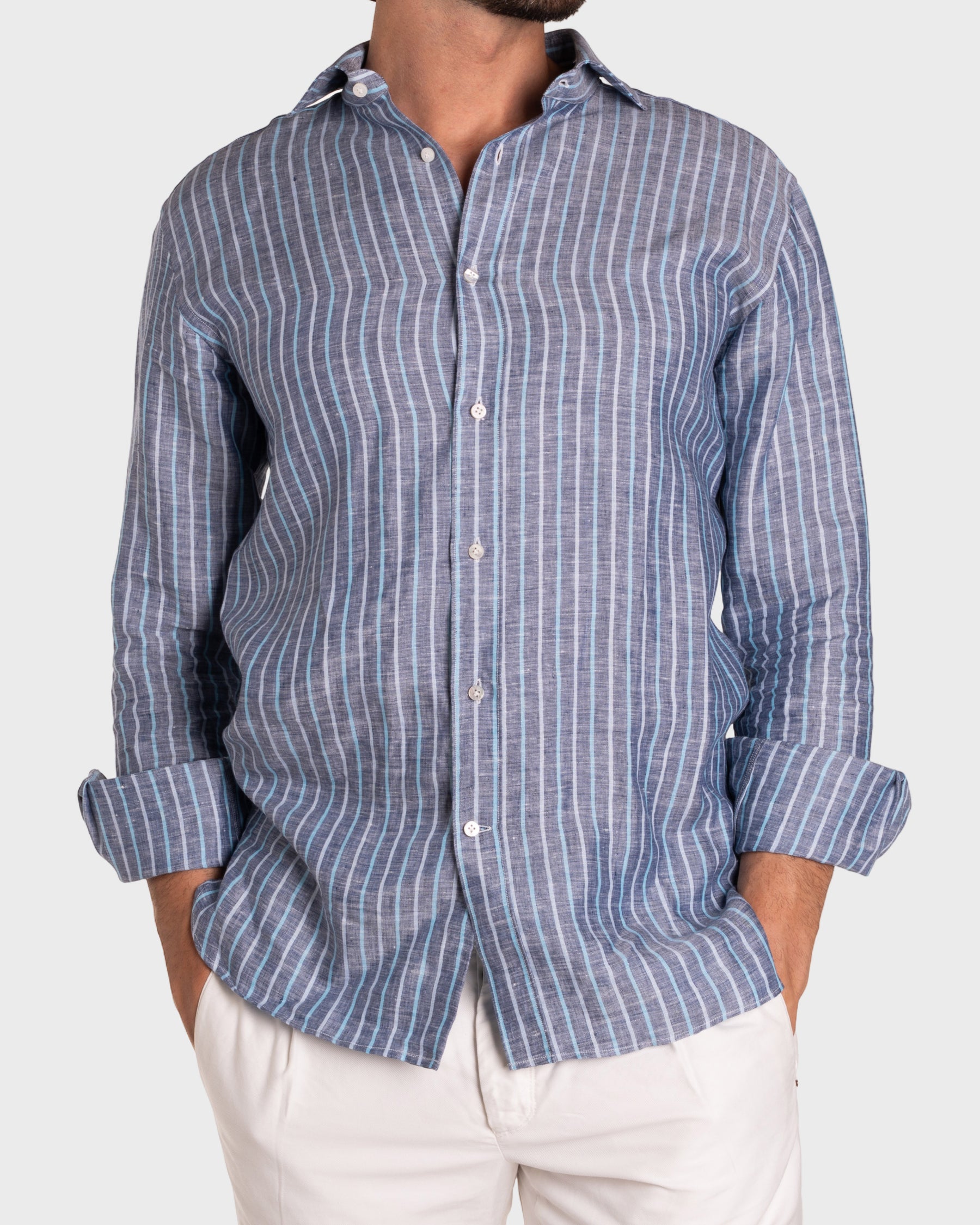 Camicia Di Lino A Righe Blu
