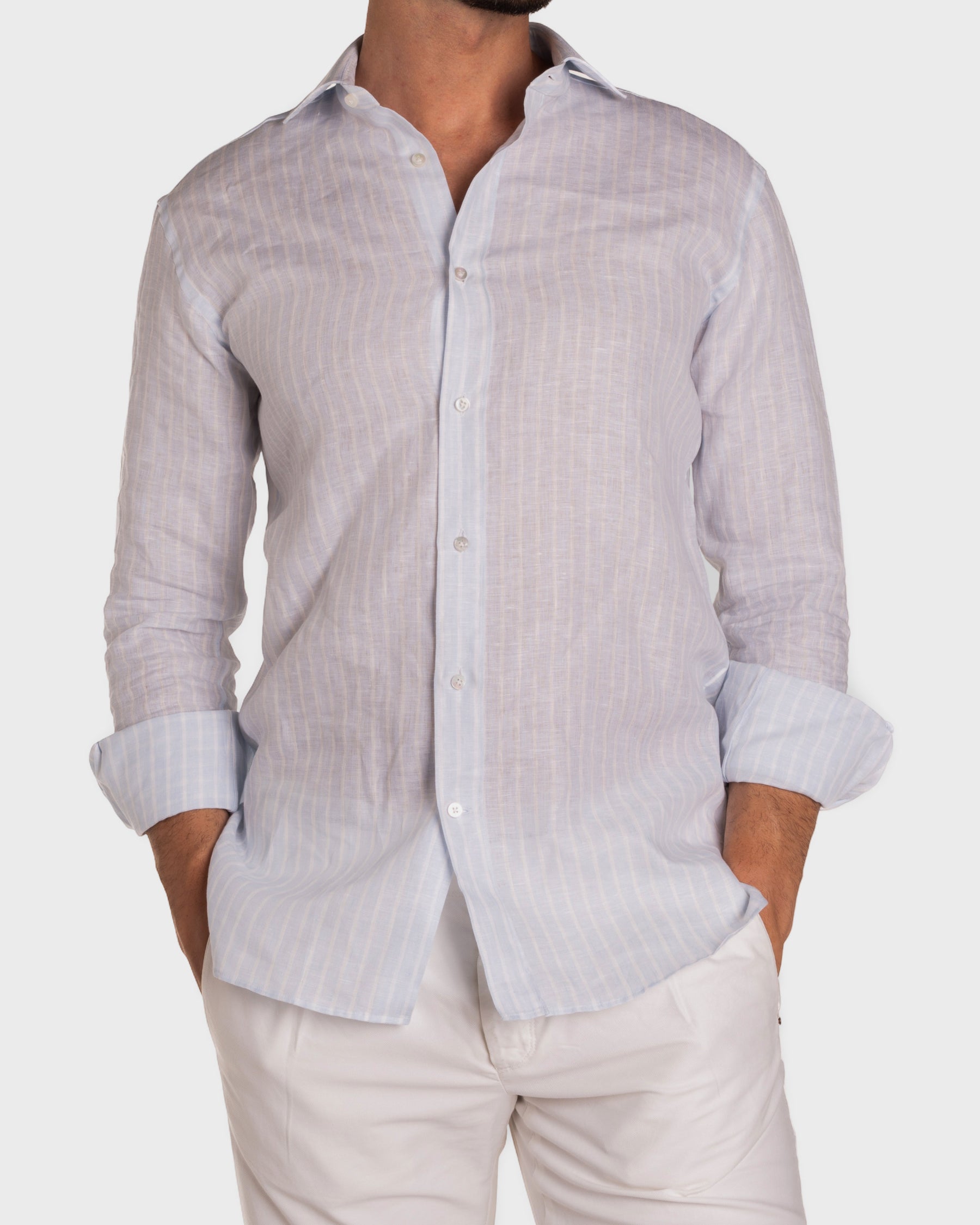 Camicia Lino a Righe Azzurro Vivace