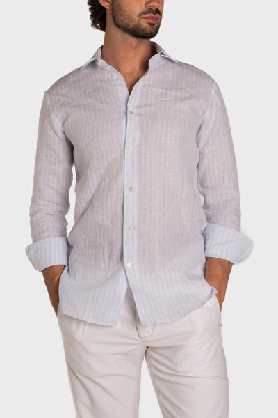 Camicia Lino a Righe Azzurro Vivace