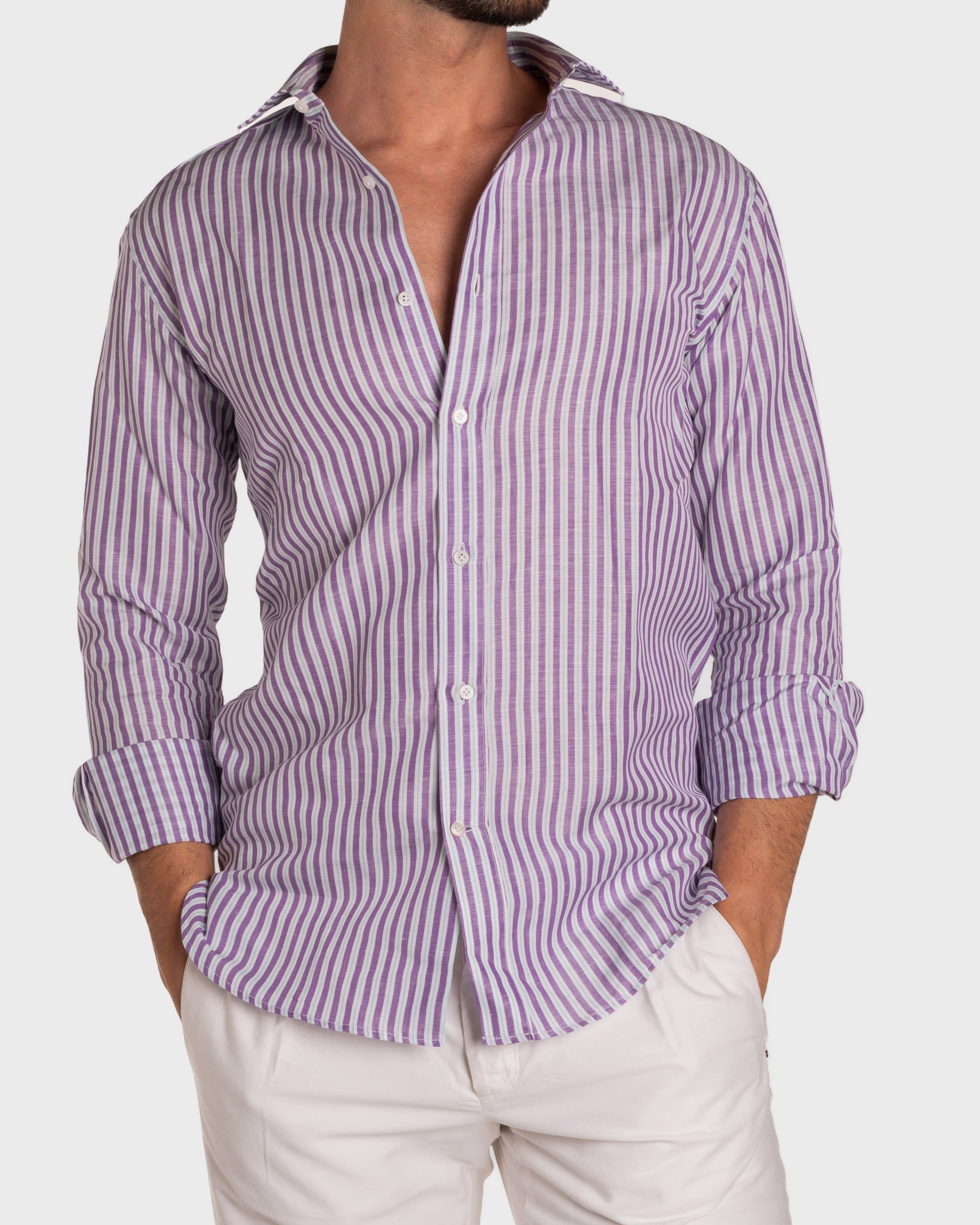 Camicia Di Lino A Righe Bianca Viola