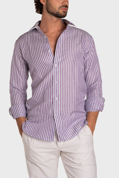 Camicia Di Lino A Righe Bianca Viola