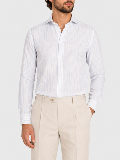 Camicia Di Lino A Righe Bianca Azzurro