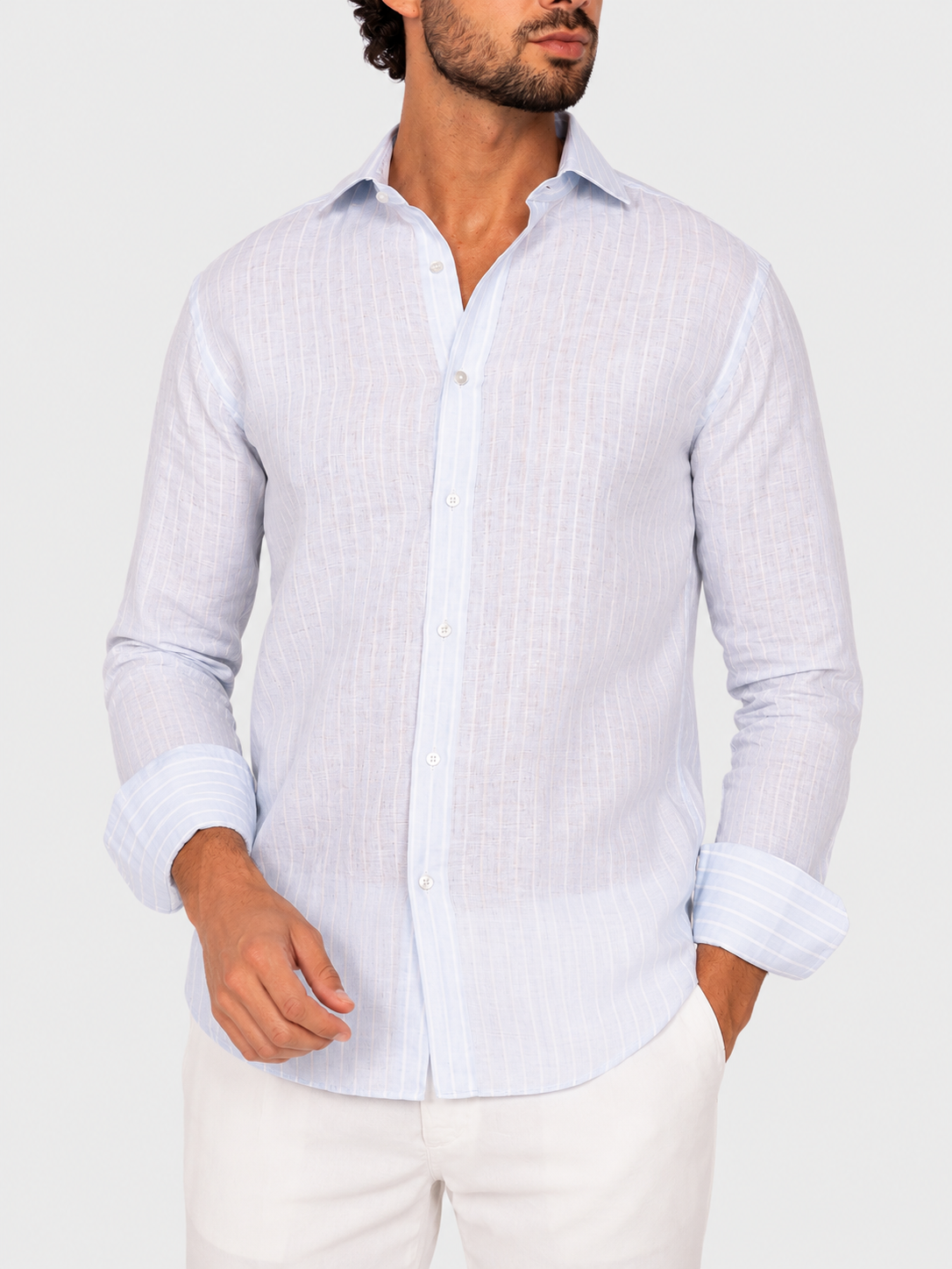 Camicia Lino a Righe Azzurro Vivace