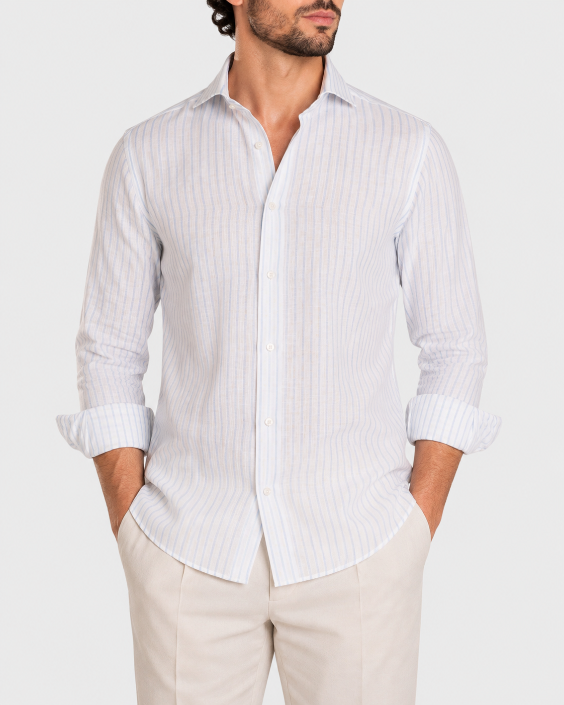 Camicia Di Lino A Righe Bianca Azzurro