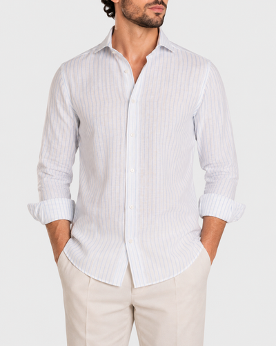 Camicia Di Lino A Righe Bianca Azzurro