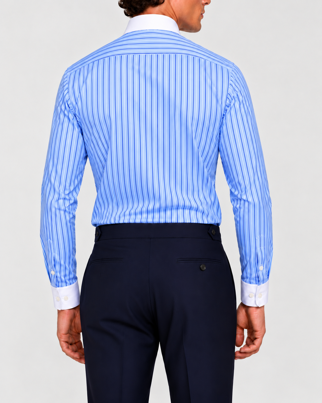 Camicia Popeline a  Righe Azzurro-Navy  Collo Bianco