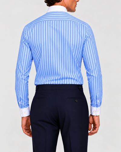 Camicia Popeline a  Righe Azzurro-Navy  Collo Bianco