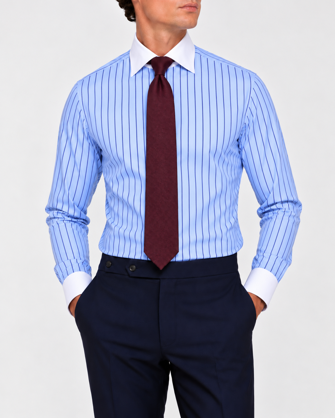 Camicia Popeline a  Righe Azzurro-Navy  Collo Bianco