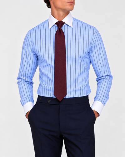 Camicia Popeline a  Righe Azzurro-Navy  Collo Bianco
