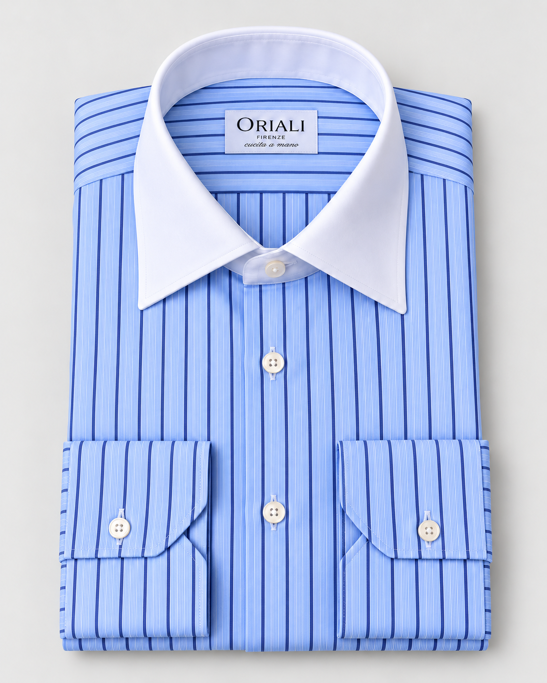 Camicia Popeline a  Righe Azzurro-Navy  Collo Bianco