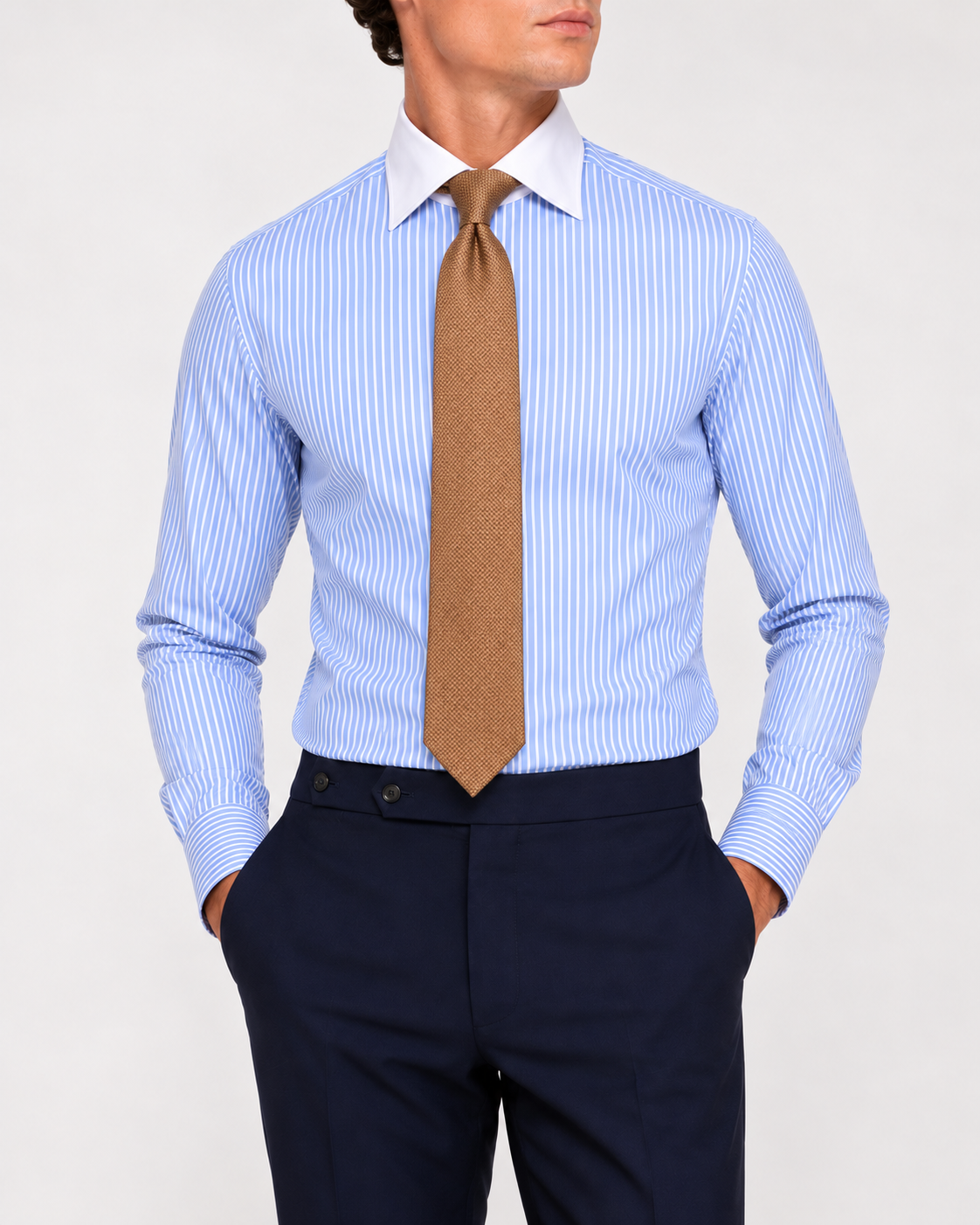 Camicia Popeline a  Righe Celeste Collo Bianco