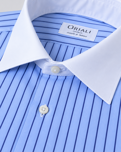 Camicia Popeline a  Righe Azzurro-Navy  Collo Bianco