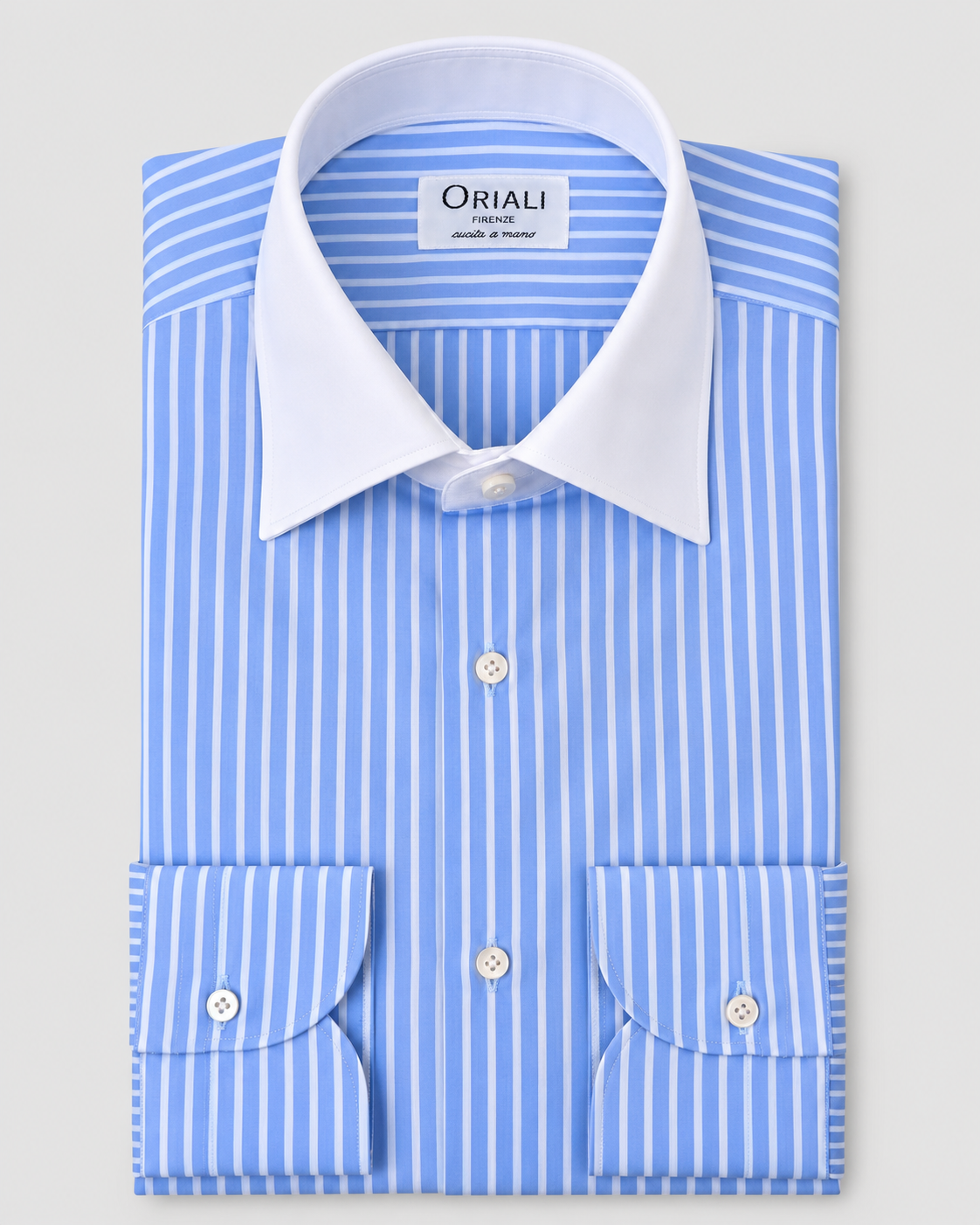 Camicia Popeline a  Righe Celeste Collo Bianco