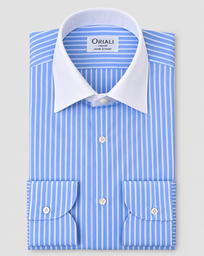 Camicia Popeline a  Righe Celeste Collo Bianco