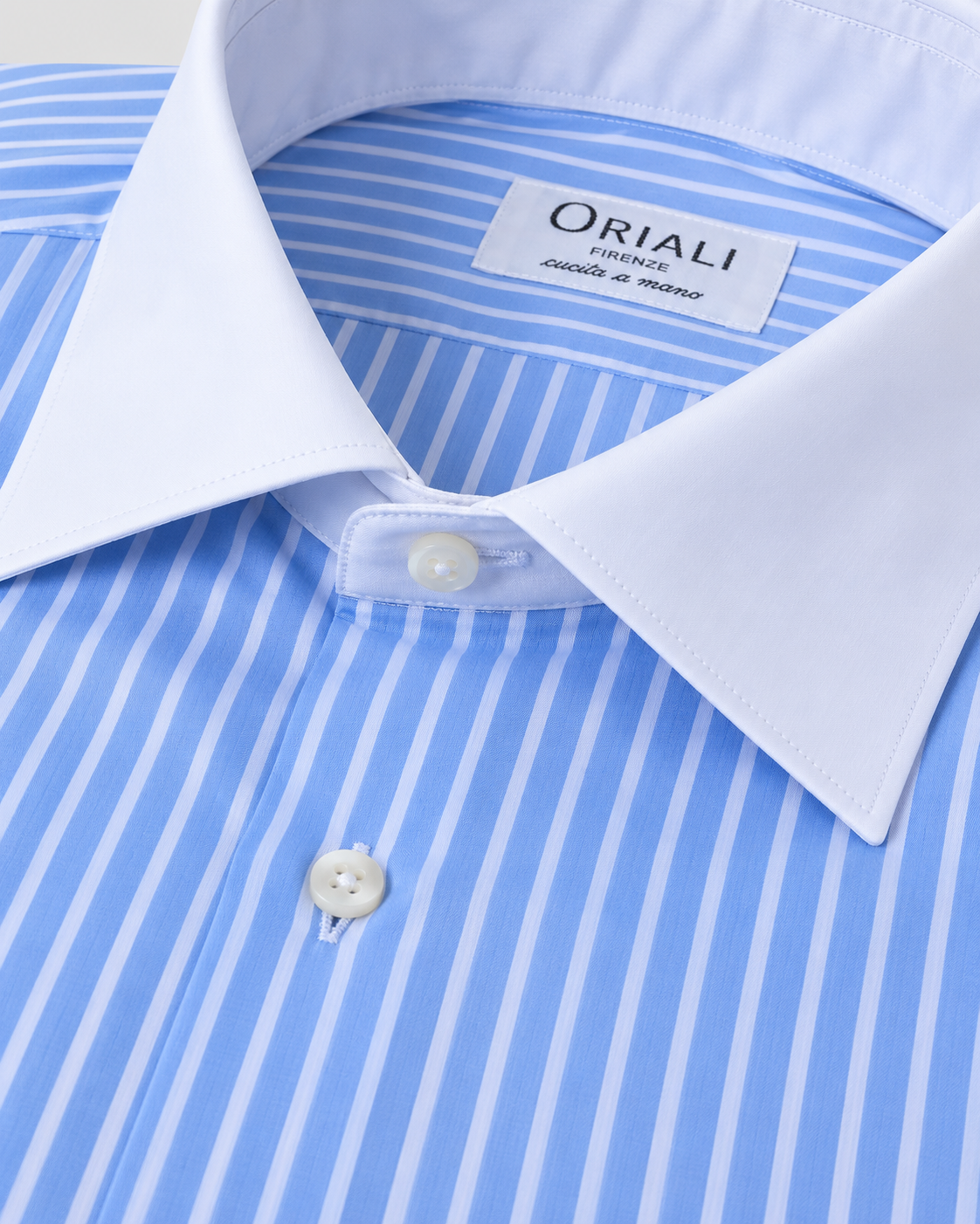Camicia Popeline a  Righe Celeste Collo Bianco