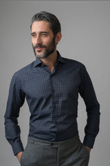 GREY/NAVY CHECKED SHIRT WITH FRENCH COLLAR