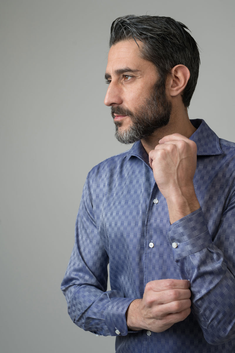 CLASSIC SHIRT IN BLUE CHESS WITH SHAWL COLLAR